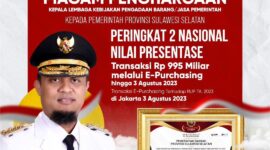Pemerintah Provinsi Sulsel menerima penghargaan dari LKPP dengan Kategori Nilai Persentase Transaksi E-Purhasing Terbesar 2 (Kedua) Terhadap RUP Tahun Anggaran 2023