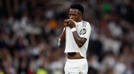 MADRID, SPAIN - MARCH 22: Vinicius Jr. of Real Madrid celebrates goal during the LaLiga EA Sports match between Real Madrid CF and Atlético de Madrid at Estadio Santiago Bernabeu on March 22, 2026 in Madrid, Spain. (Photo by Antonio Villalba/Real Madrid via Getty Images)